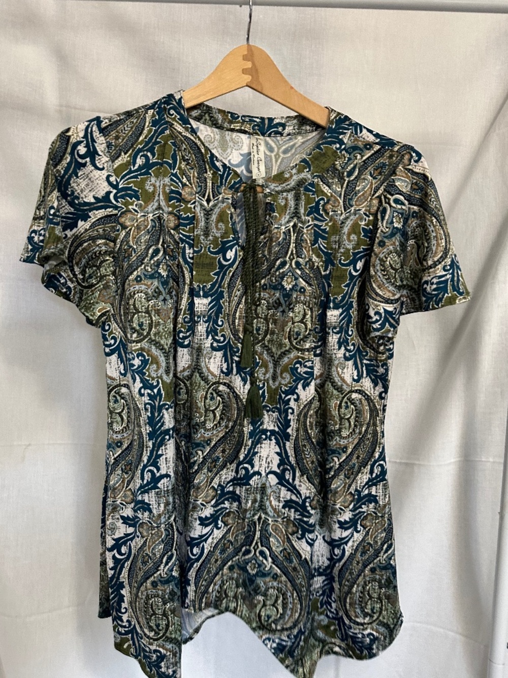 Per Seption Concept Paisley Boho Blouse Size S Tassel Tie Short Sleeve